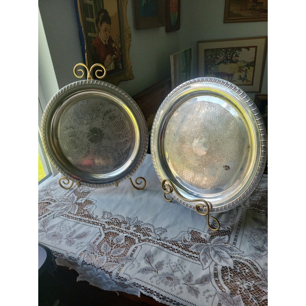 2 Matching Vtg Leonard Silver Plate Butler Trays Plate Platter USA Ornate Rd 12”